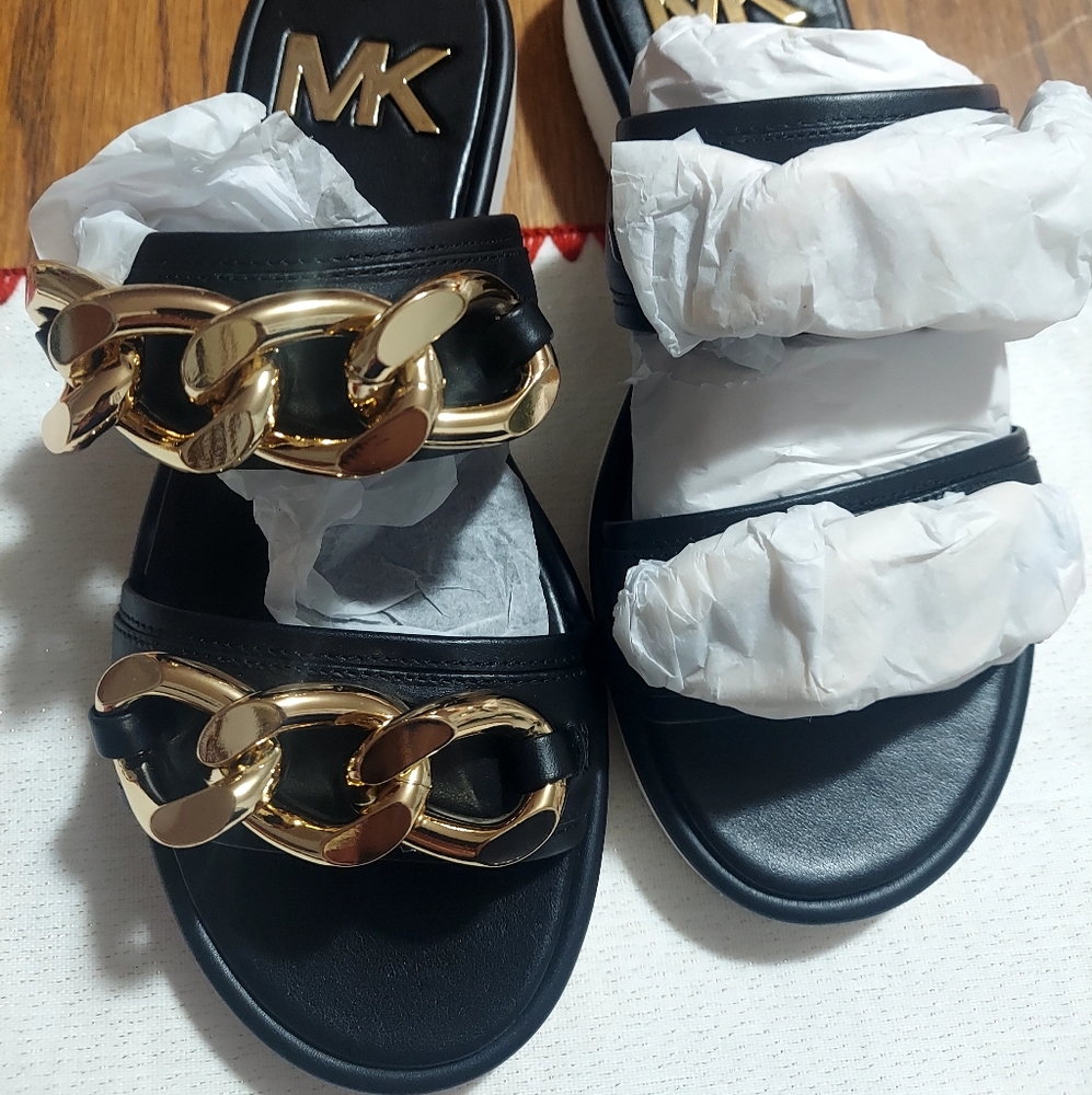 MICHAEL Michael Kors Black Sandal Slides with Gold Chain Detail